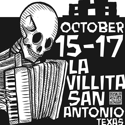 An image of a skeleton playing the accordian for the San Antonio Accordian Festival.