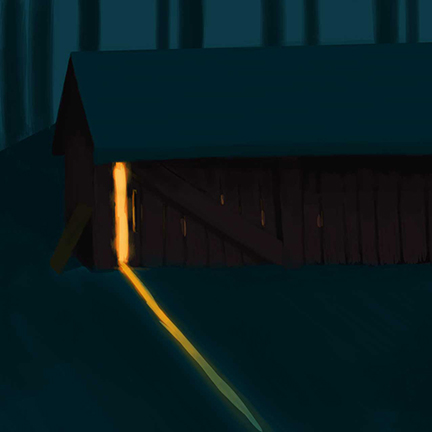 An image of a potato barn at night for the cover of Bluebeard