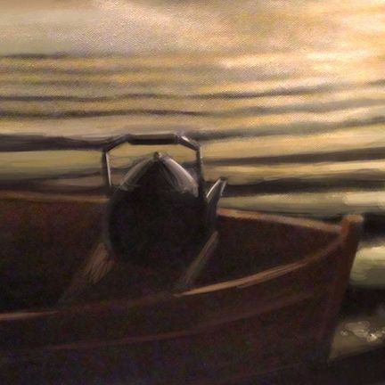 An image of a tea kettle in a boat at sunset for the cover of In the Lake of the Woods