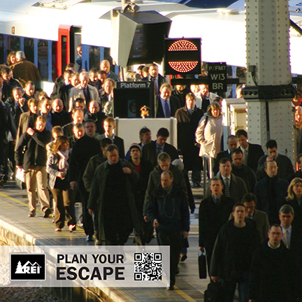 An image of people commuting with the caption plan your escape.